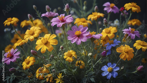 Close-up of wildflowers under the morning sun.