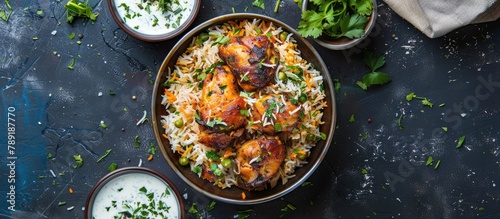 Homemade Chicken Dum Biryani displayed with raita, captured from above against a dark blue backdrop.