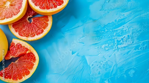 A bunch of grapefruits on a blue surface. photo