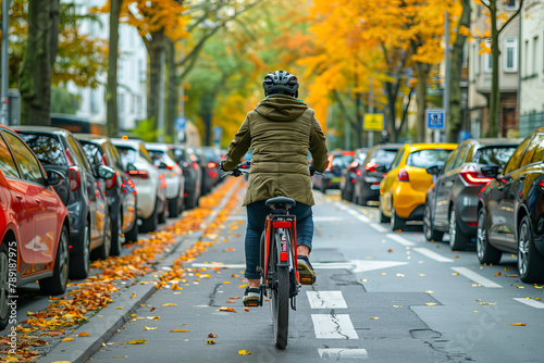 Urban cyclist on eco-friendly journey amidst autumn foliage photo