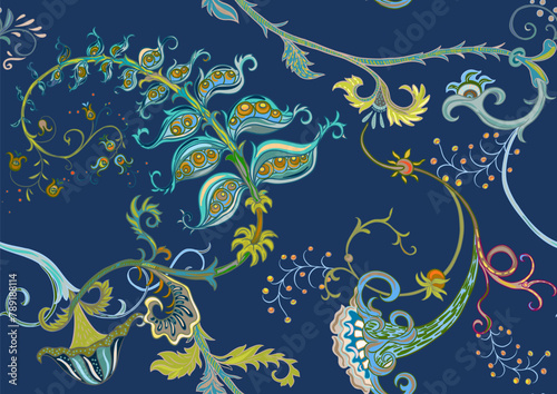 Fantasy, alien hypnotic flowers, decorative flowers and leaves. Cartoon style. Millefleurs trendy floral design. Seamless pattern, background. Outline hand drawing vector illustration.