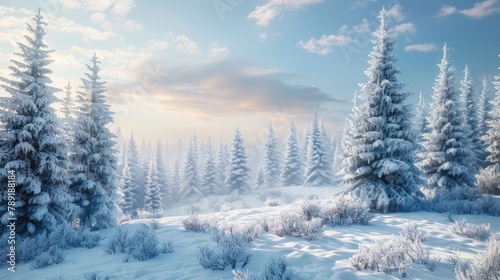 Snow-covered evergreen trees standing tall against a serene winter landscape  a tranquil scene of holiday tranquility. 8k  realistic  full ultra HD  high resolution  and cinematic