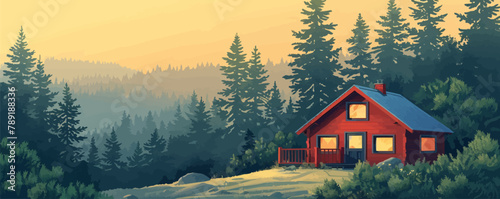 Wooden cabin in pine forest. vector simple illustratio photo