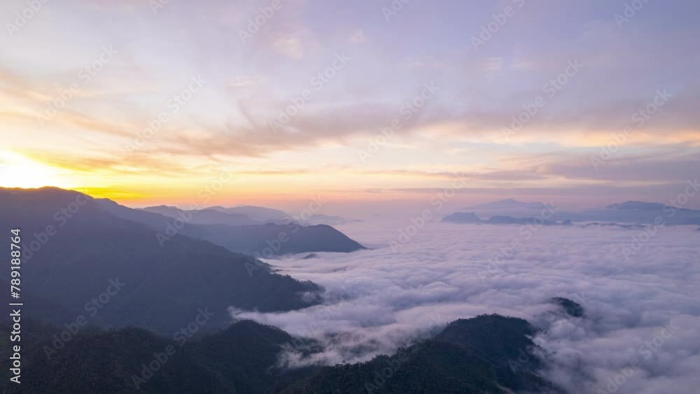 Aerial fly drone hyperlapse foggy or the clouds while sunrise sky, sea of fog mount nature. Aerial fly drone hyperlapse foggy or the clouds while sunrise sky, sea of fog mount nature.