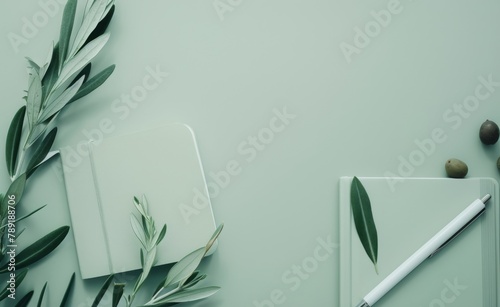 Desk With Notepad, Pen, and Leaves