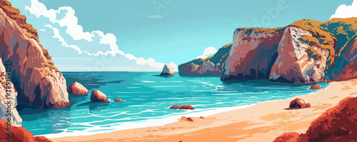 A serene coastal cove with golden sands, turquoise waters, and rugged cliffs dotted with sea caves. Vector flat minimalistic isolated illustration.