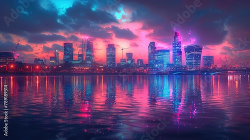 Futuristic Cityscape with Vibrant Sunset Reflecting on Water.  