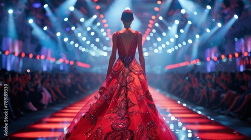 Woman in Red Dress Walking Down Runway
