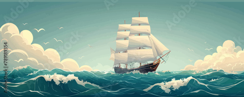 Retro ship sails on waves of sea. vector simple illustration