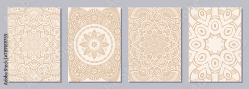 Set of four color cards or flyers with ethnic mandala ornament. Abstract mandala flyer design. Decorative beige color pattern with ornate texture, tribal ethnic oriental motif. Vector layout design.