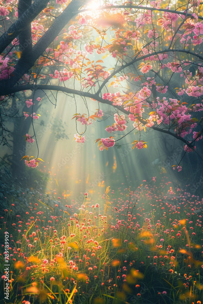 Cherry blossom tree with light rays in the morning