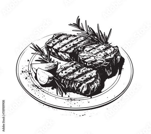 Grilled steak, Hand drawn style, vector illustrations