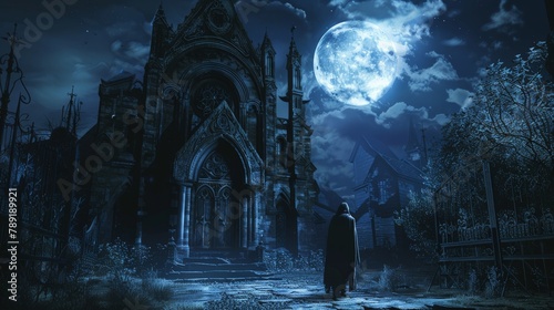 A gothic church at midnight, the full moon illuminating a figure in a cloak standing at the entrance