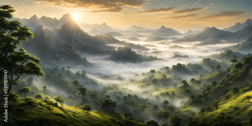 Fog obscuring the peaks of majestic mountains, landscape engulfed in a soft grey mist