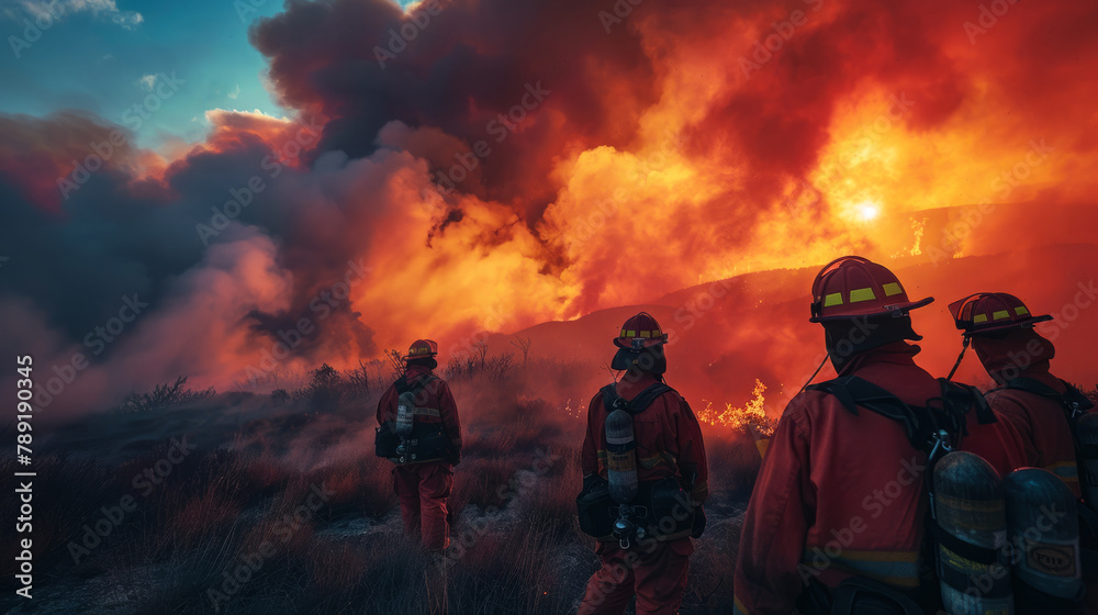 Fototapeta premium Firefighters observing helicopter water bombing at wildfire scene