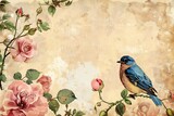 Printable vintage blue bird and roses stationary or background .