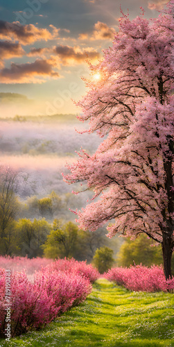 Spring landscape, minimalism and nature with blossom trees