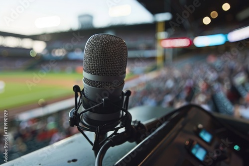 Announcers Booth with Microphone for Baseball Stadium Media Coverage photo