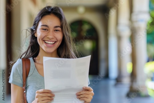 Attractive Woman Celebrating College Admission. Concept of Achievement and Good News about Acceptance, Credit and Agreements photo