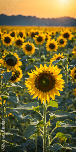 Sunflower field in full bloom under a clear summer sky. Minimalist nature theme