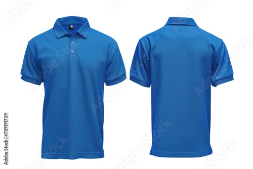 Blue Polo Shirt Mock-Up. Blank Design Template with Front and Back View for Print. Isolated on White Background
