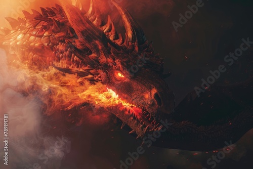Breathing Fire: Red Giant Dragon in Dark Fantasy Art Portrait. Evil Creature Mythology