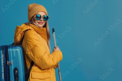 Woman in Yellow Jacket Holding Blue Suitcase