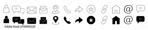 Contact, address line icon set. Mail, telephone adress, message symbol for website button. Editable stroke thin line design icon set. Vector illustration.