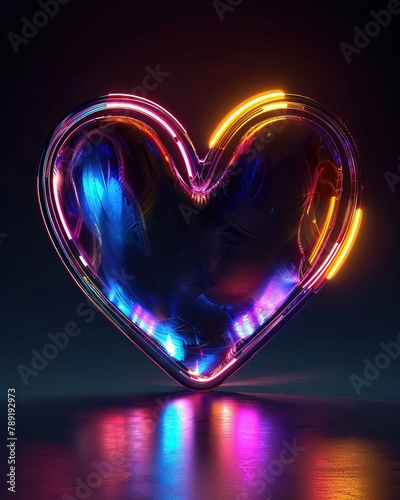 Glowing 3D heart, neon rainbow spectrum, set against black, vibrant expression of love spectrum