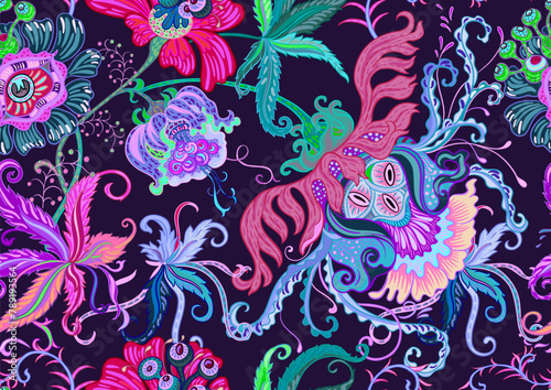 Fantasy, alien hypnotic flowers, decorative flowers and leaves. Cartoon style. Millefleurs trendy floral design. Seamless pattern, background. Outline hand drawing vector illustration.