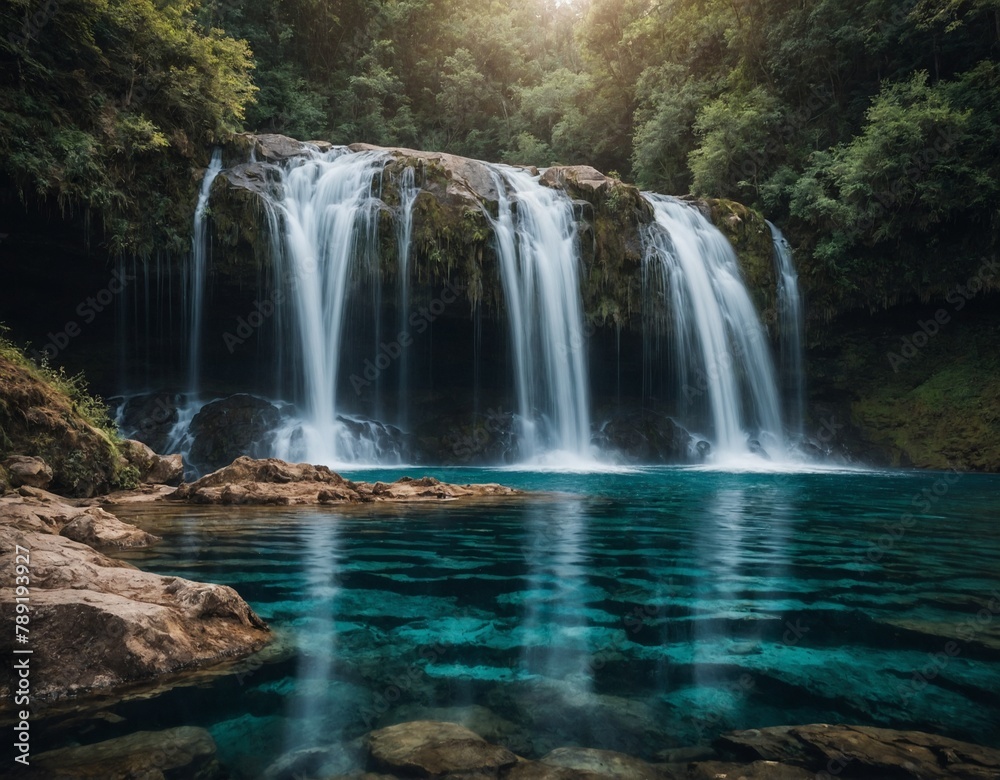 Majestic waterfall cascading into a crystal-clear pool
