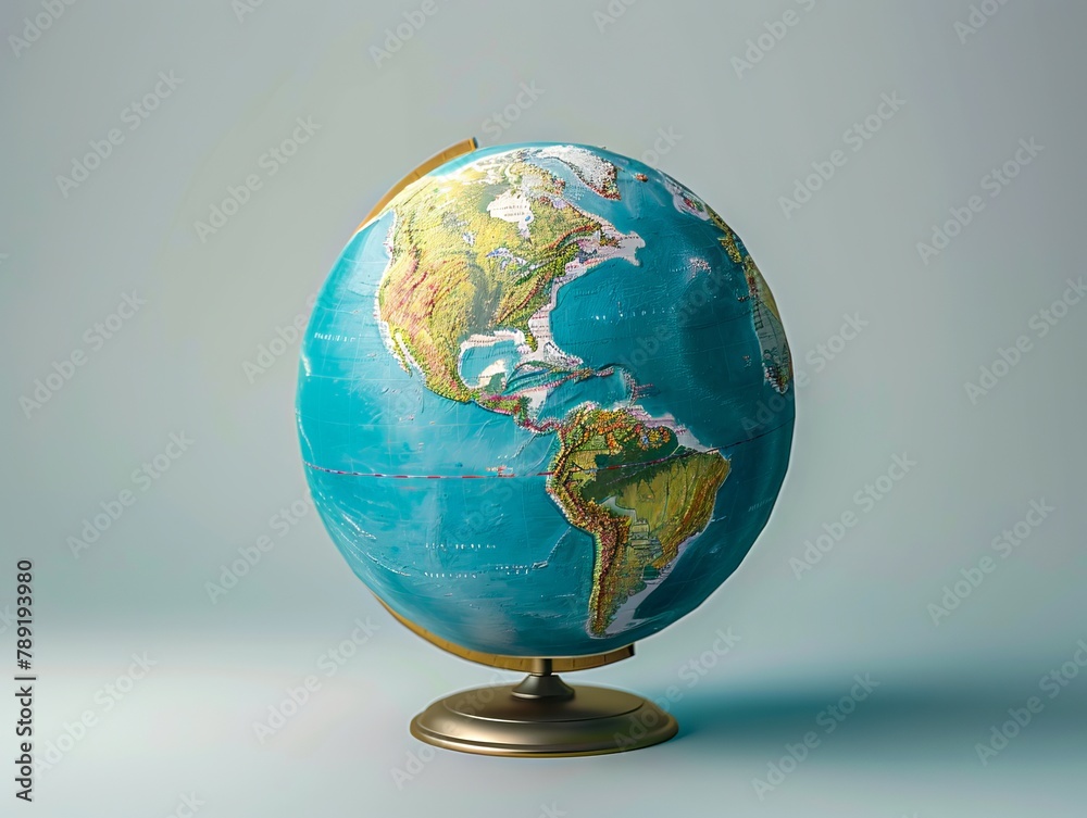 A globe with a blue background and gold stand.