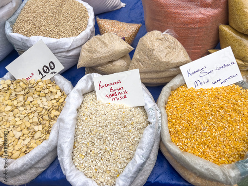 variety of raw dried legumes with turkish label at local market in Turkey