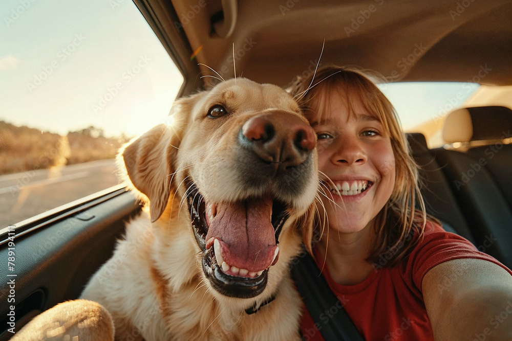 Happy Child and Dog Enjoying a Car Ride Together - obrazy, fototapety, plakaty 