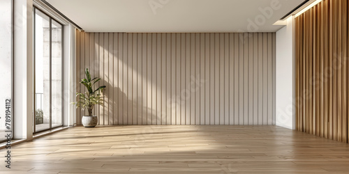 empty room with  wooden wall and  blank white screen .