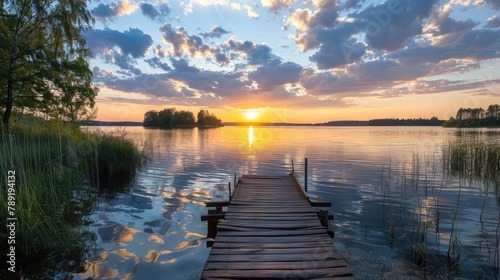 Small Dock at the lake water at sunset landscape  seascape sunrise