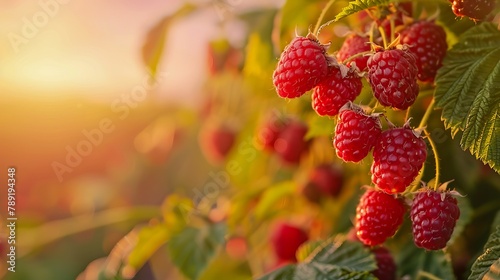 Raspberries on a bush in the sun. photo