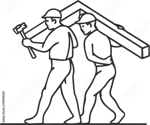 Two men carry a beam on their shoulders. Black and white sketch. Vector illustration.