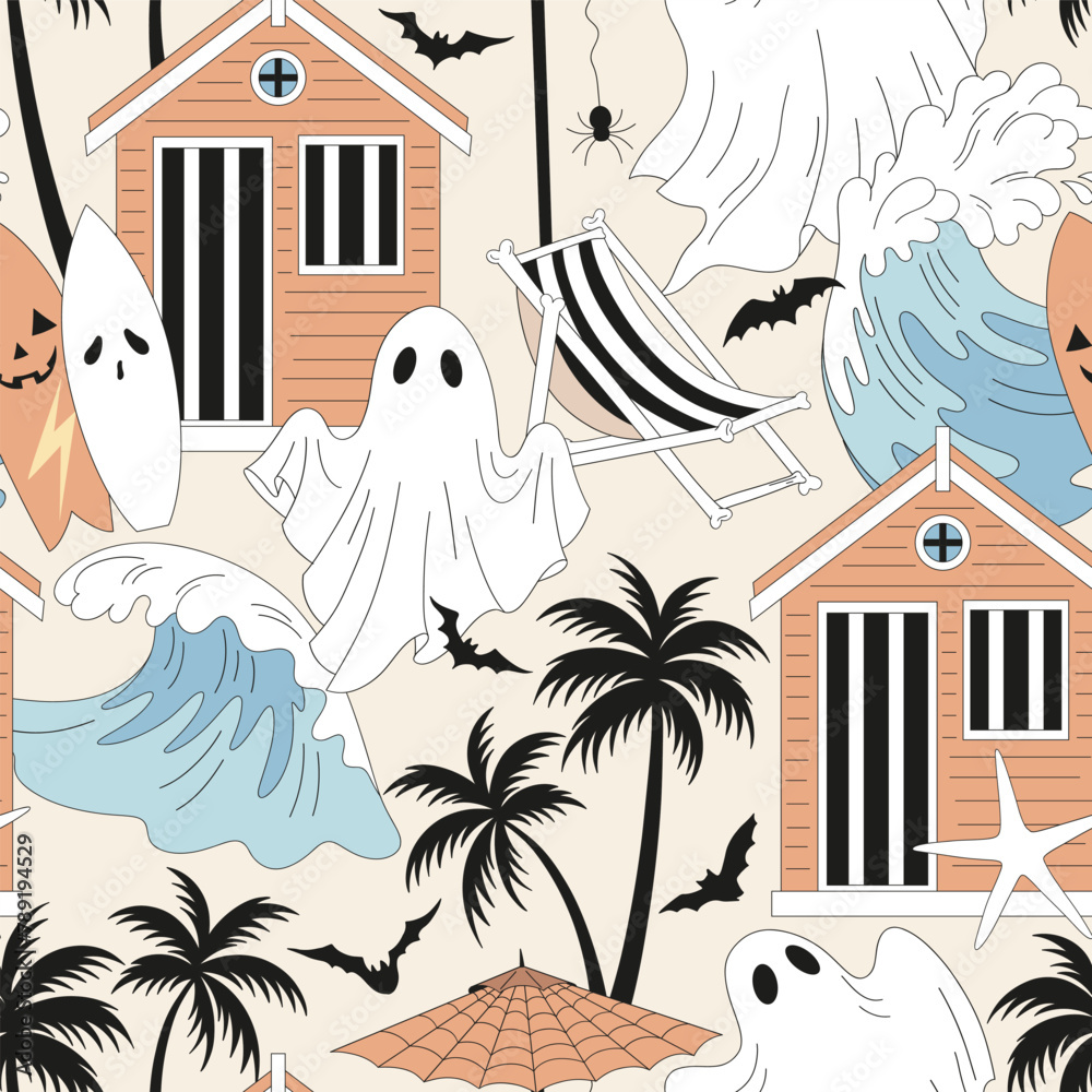 Obraz premium Groovy hand drawn Halloween beach dressing cabin chair surfboard palm trees waves and ghosts in white blanket vector seamless pattern. Retro line art drawing style October 31st holiday trick or treat