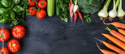 Fresh spring vegetables arranged on a black chalkboard from a top view. A background display with space for text. Includes carrots, tomatoes, zucchini, leek, radish, celeriac, parsley, photo