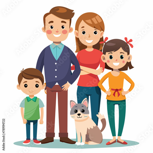 Happy family with two children and a cat. Vector illustration