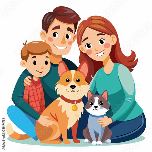 Happy family with two dogs. Flat style. Vector illustration