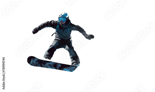 A snowboarder dressed in colored winter jacket doing trick. Freestyle Snowboard Jump.