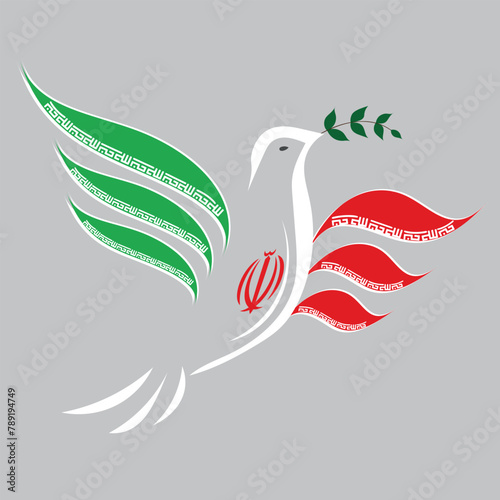 linear silhouette dove with a olive branch in the colors of the Iranian Three-Coloured national flag. Pigeon Dove Bird in shape of Iran flag in the struggle for peace. 