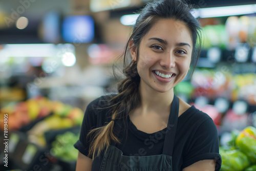 young woman as a cashier in the supermarket at the checkout smiles friendly into the camera photo