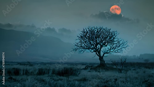 Full moon rising over a silent, eerie landscape photo