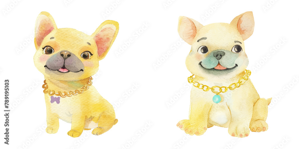 Obraz premium bulldog wearing gold chain watercolor vector illustration