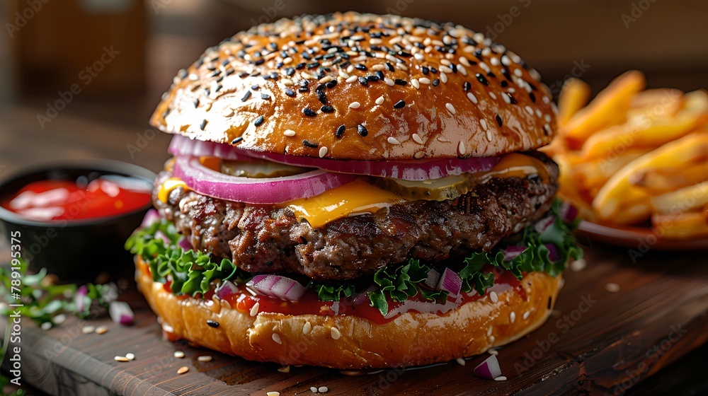 Juicy gourmet double cheeseburger with sesame bun, styled food photo on wooden table. Perfect for restaurant menu designs. AI - obrazy, fototapety, plakaty 