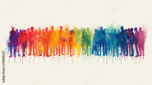 Colourful Silhouettes, Diverse People Stand Together. Multicultural Group, Team, Crowd. Equality, Unity. Human Rights, Ethnicity. Watercolor Painting, Ink Splashes, Concept. Full Height, in Raw, Front photo