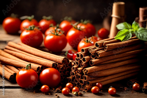 Still life of ceylon cinnamon sticks and tomato on wooden table, rustic style. Natural food of cinnamon and cherry for poster or banner. Delicious tasty healthy concept. Copy advertising text space